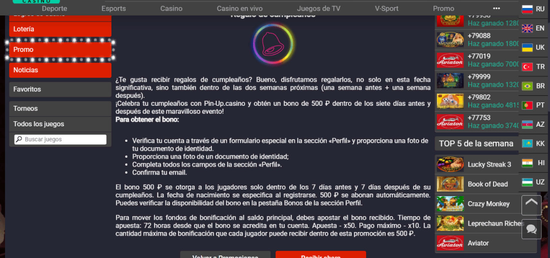 descripción del bono de casino