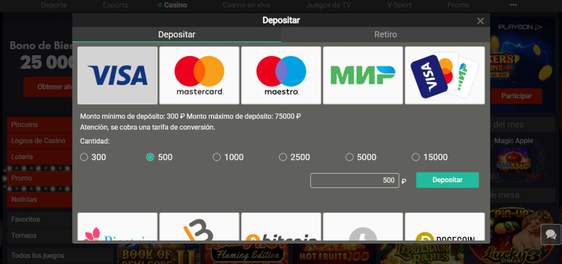 haciendo un depósito en la aplicación