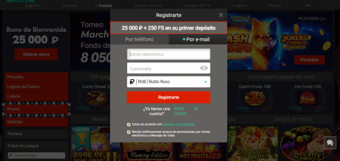 ventana de registro en la aplicación del casino